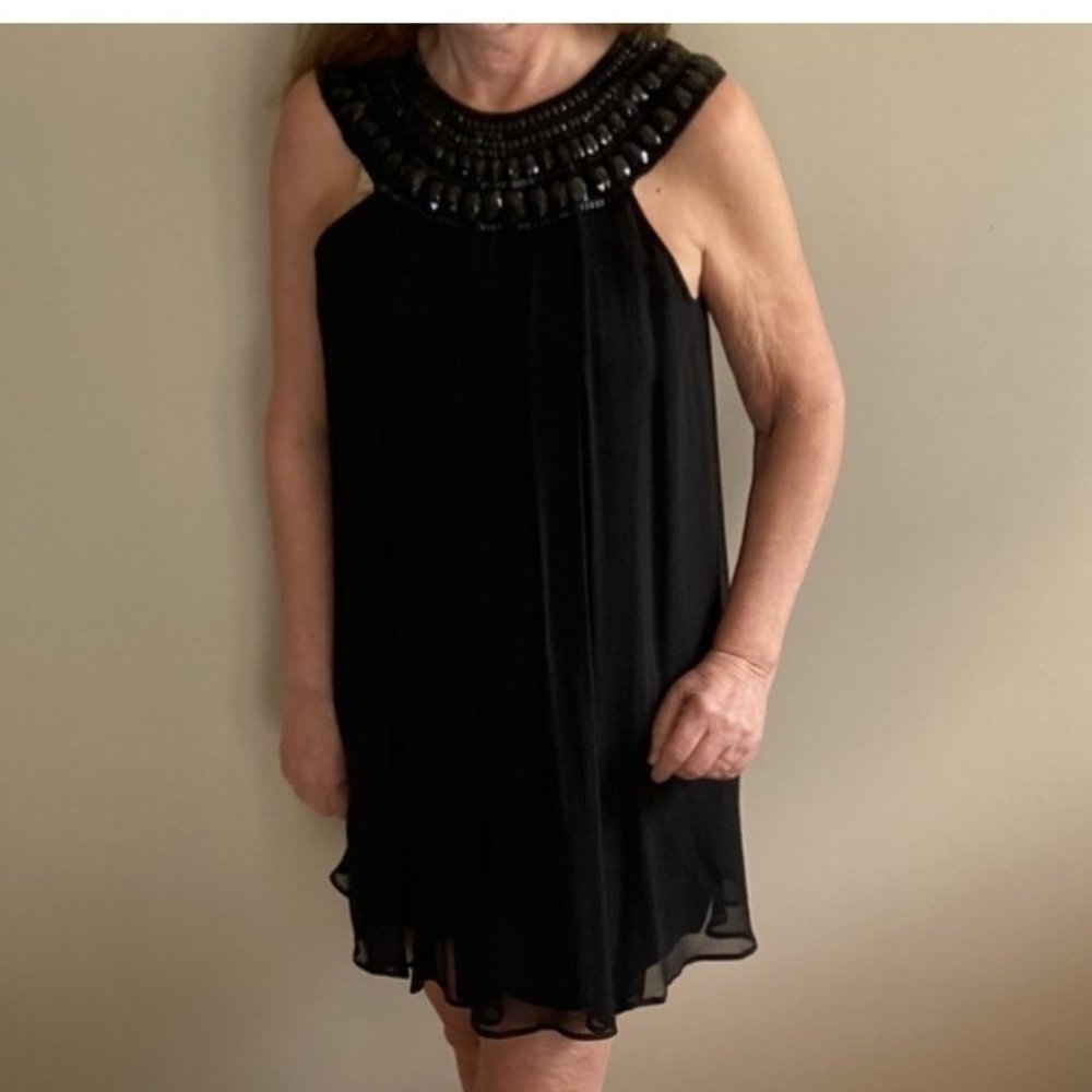 Marciano black silk dress with rhinestone neckline, size M